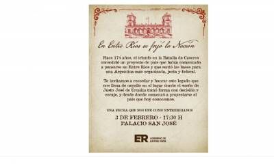 La provincia conmemorará la Batalla de Caseros con una propuesta cultural en el Palacio San José