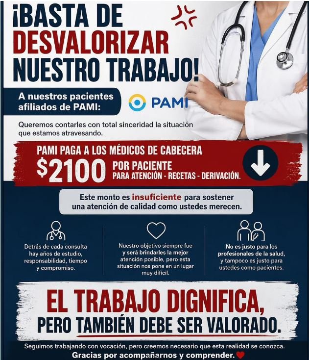 Médicos de PAMI paran desde este lunes por tiempo indeterminado en rechazo de los $ 2.100 por consulta.