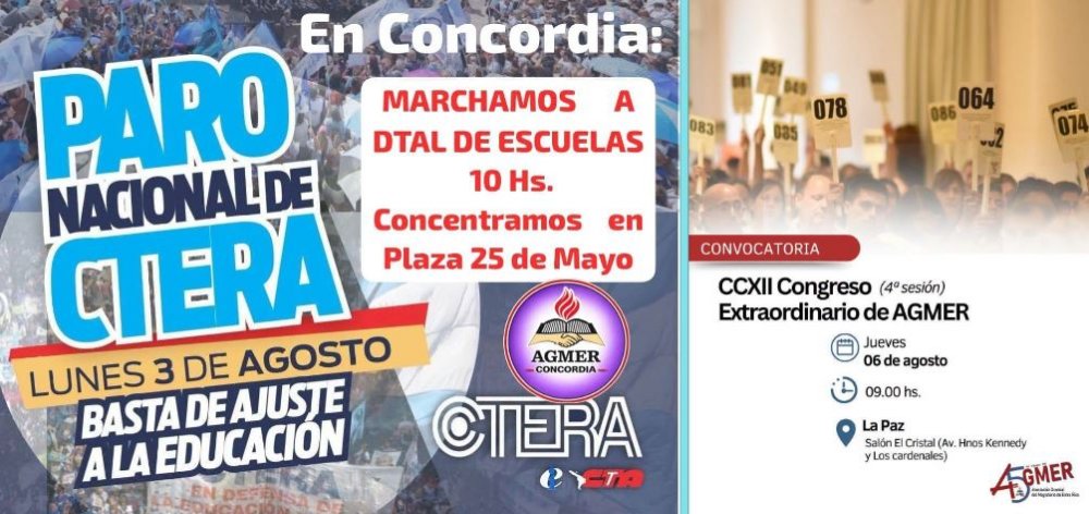 AGMER se adhiere al paro nacional docente convocado para el próximo lunes